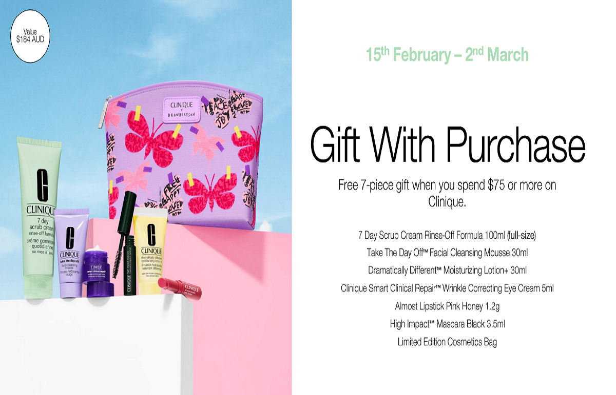 Gift with Purchase 15th February - 7th March 2025
Free 7 piece gift set when you spend $75 or more on Clinique.
(Valued at $184)